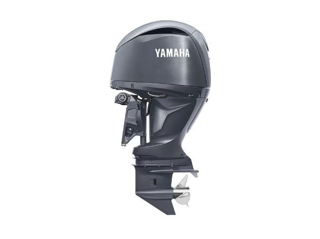 Front view of a Yamaha outboard boat motor on a white background.