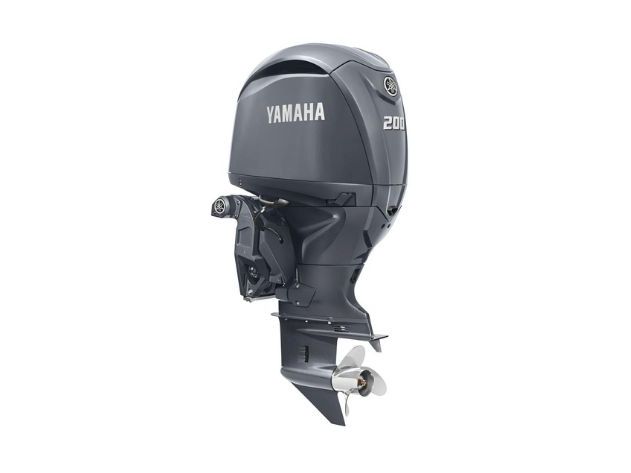 A black Yamaha 200 HP outboard marine engine with propeller, shown against a white background.