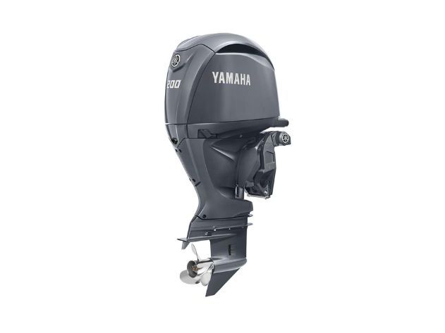 A black Yamaha outboard boat motor shown from the side against a white background.