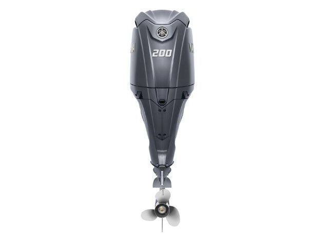 A top view of a Yamaha 200 outboard boat motor with a propeller on a white background.