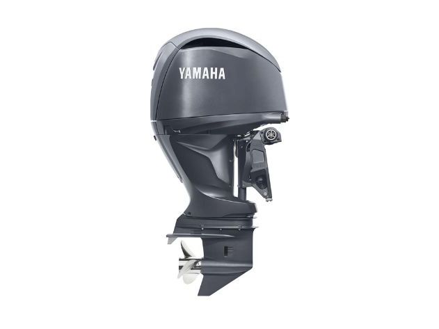 A Yamaha outboard boat motor shown from the side on a white background.