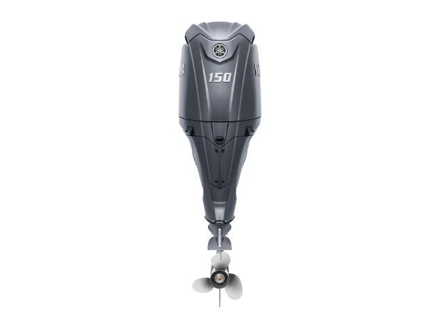 A gray 150-hp outboard boat motor is shown from the front on a white background.