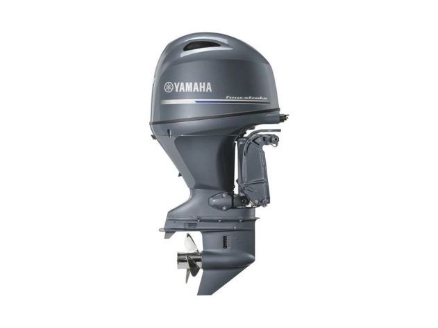 A Yamaha outboard boat motor shown from the front, with its cowling and propeller assembly visible.