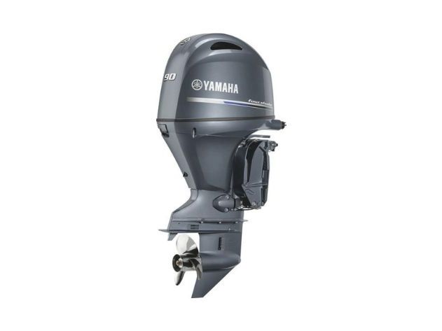 A Yamaha 90 outboard boat motor with gray casing on a white background.
