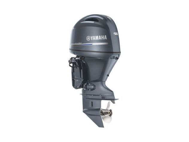 A Yamaha 90 outboard boat engine with a propeller, shown against a white background.
