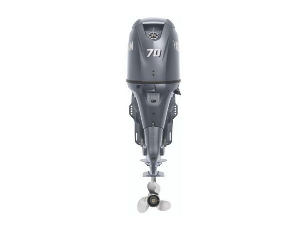 A gray marine outboard boat motor with a propeller, shown from the front against a white background.
