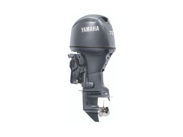 A dark gray Yamaha 70 outboard boat motor displayed against a white background, showing the engine front and lower unit.