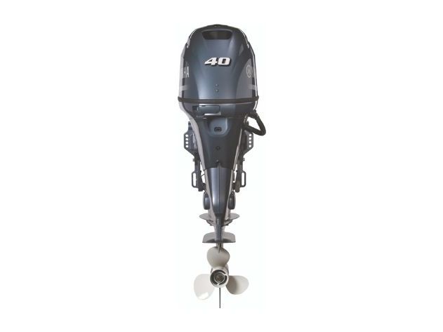 A marine outboard boat motor is shown from the front, with its propeller and mounting hardware visible.