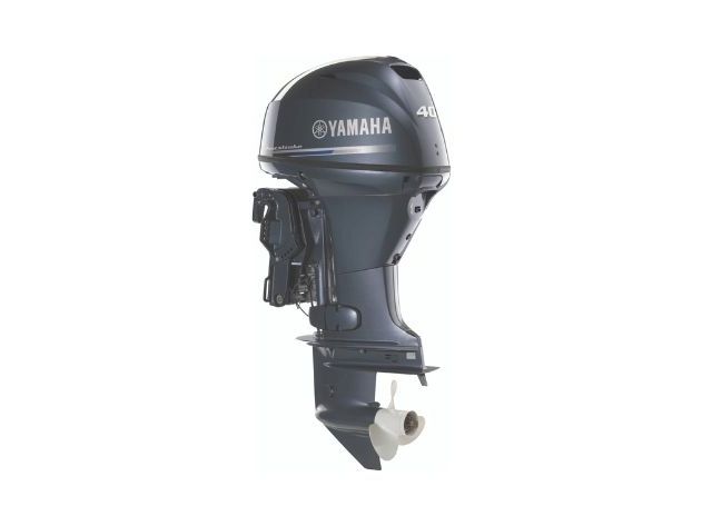 A Yamaha outboard boat motor with a propeller is shown against a white background.