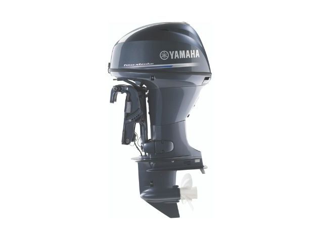 A Yamaha outboard boat engine (marine motor) is shown from the front with its lower unit and propeller.
