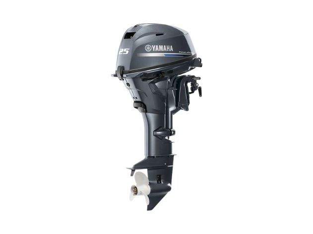 A black Yamaha 25-horsepower outboard boat motor shown from the front against a white background.