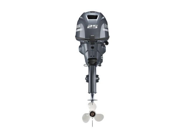 A gray Yamaha 25 outboard boat motor with a visible propeller is pictured against a white background.