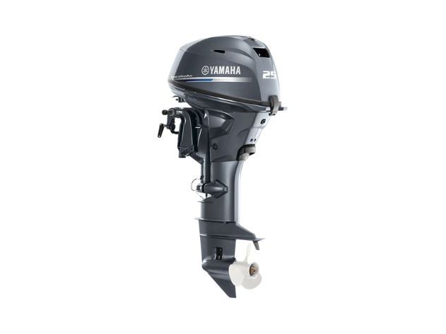 A Yamaha 25-hp outboard boat motor shown against a white background.