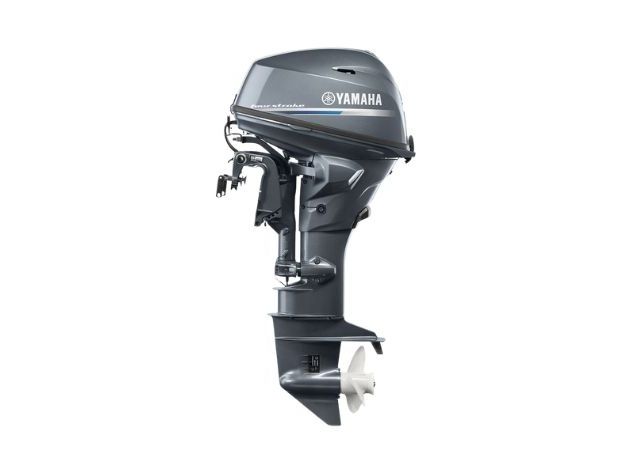 A black Yamaha outboard boat motor on a white background.