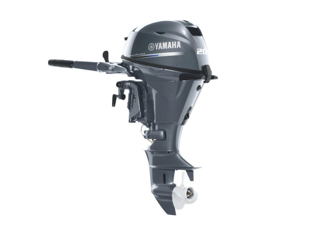 A Yamaha 20 HP outboard boat motor shown front-left on a white background.