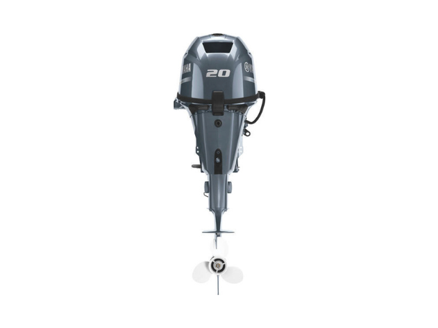 A front view of a blue-and-silver outboard boat motor with propeller, marked &ldquo;20&rdquo;.