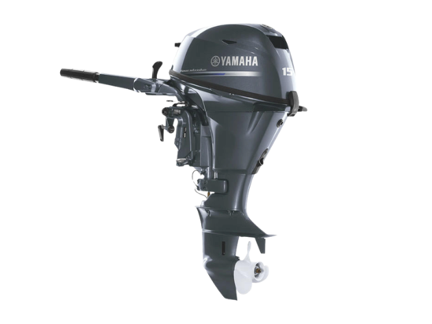 A dark Yamaha 15hp outboard boat motor shown from the front on a white background.