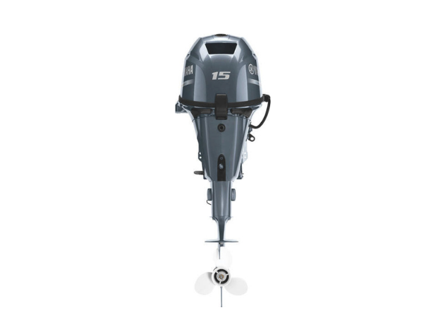 A rear view of a black outboard marine engine with a propeller, labeled &ldquo;15,&rdquo; against a white background.