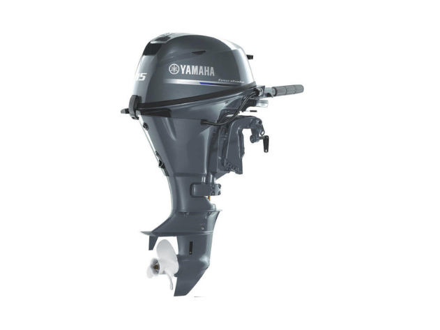 A Yamaha outboard boat engine shown from the front, with black cowling and handle controls.
