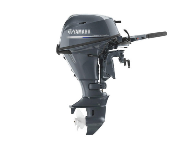 A Yamaha outboard boat motor (marine engine) shown from the front, with a tiller handle and lower unit.