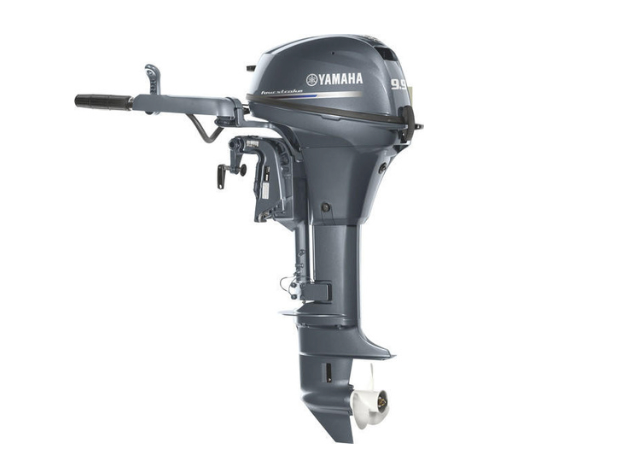 A Yamaha 9.9 outboard boat motor shown from the side on a white background.