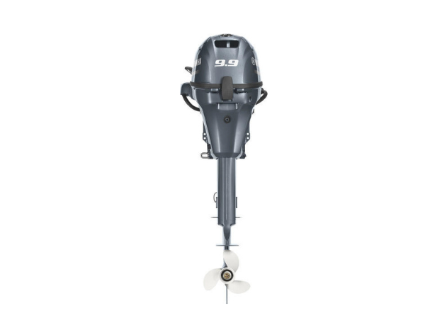 A front view of a grey outboard boat motor with a propeller and &ldquo;9.9&rdquo; marking on the engine cowling.