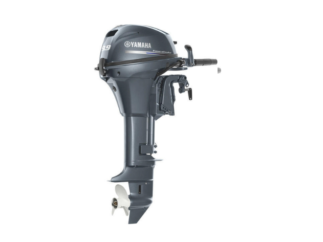 A Yamaha outboard boat motor shown from the side on a white background.