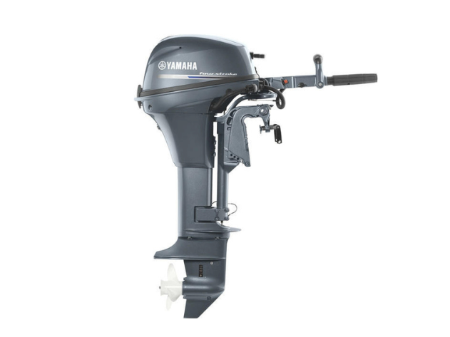 A Yamaha outboard boat motor shown from the side, with tiller handle and lower unit visible.