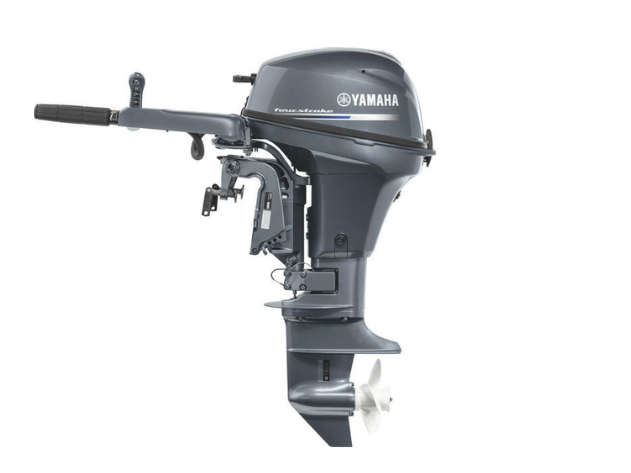 A Yamaha outboard boat motor is shown in a studio-style close-up, with its cowling, tiller handle, and propeller visible.