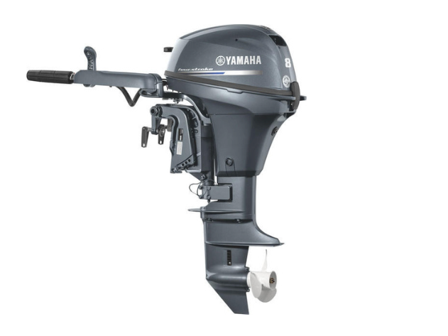 A Yamaha 8-horsepower outboard boat engine shown from the side with the tiller handle attached.
