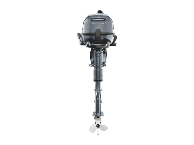 A gray marine outboard motor/engine shown from the front, with a propeller at the bottom and control unit on top.