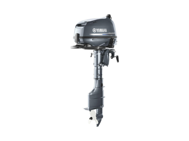 A black Yamaha outboard boat engine is shown from the front on a white background.