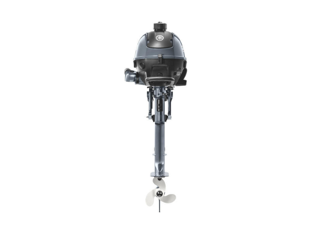 A front view of a boat outboard motor with a propeller.