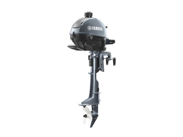 A Yamaha outboard boat motor is pictured upright on a white background.