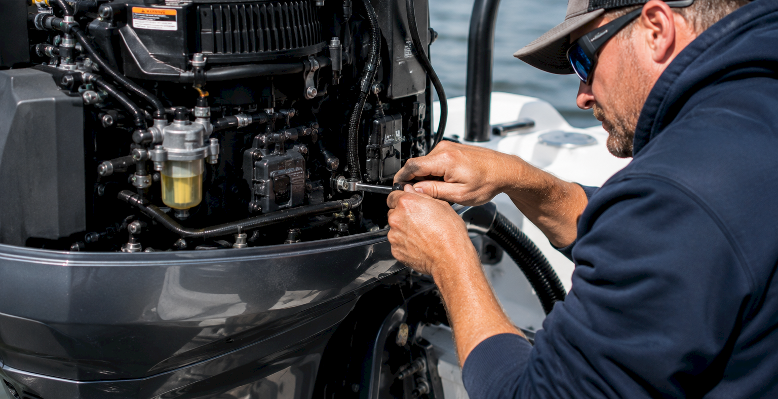 A mechanic in a cap inspects and adjusts a boat&rsquo;s engine compartment, tightening hoses and fittings near the machinery.