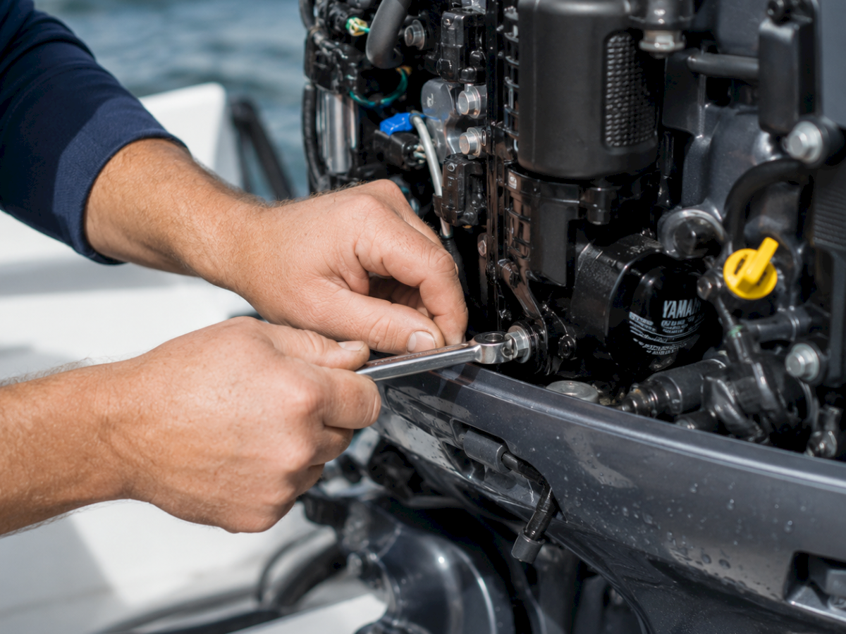 Mechanic tightens a bolt on a boat/Yamaha engine with a wrench beside the water.