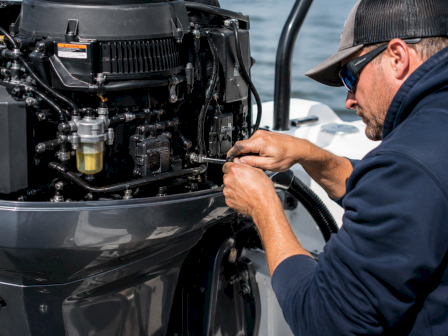 A mechanic in a cap checks a boat&rsquo;s engine, working on hoses and fittings beside the motor by the water.