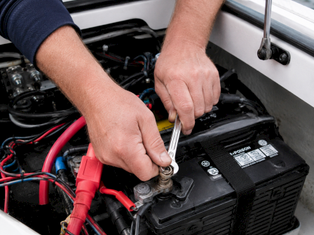 Hands working with a wrench inside a boat&rsquo;s engine compartment, adjusting electrical and fuel lines.