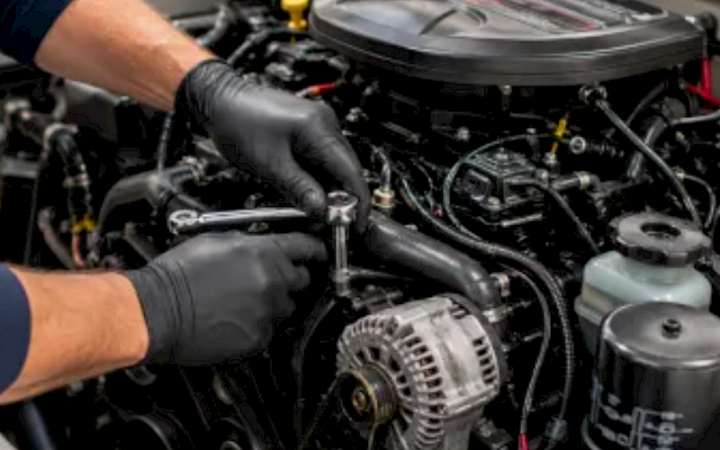 A mechanic in gloves works on a car&rsquo;s engine bay, inspecting or tightening components under the open hood.