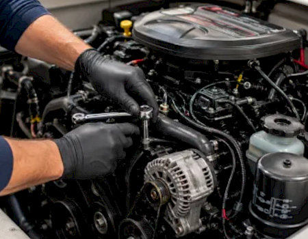 A mechanic in black gloves is working inside a car’s engine bay, inspecting and adjusting components near the alternator.