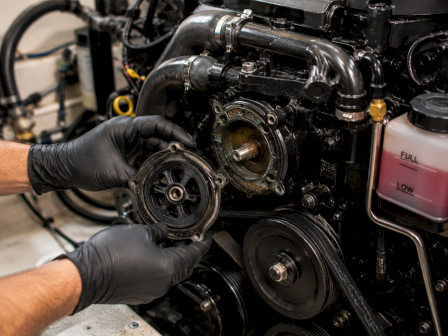 Gloved mechanic hands inspecting a removed automotive engine component with hoses, pulleys, and a fluid reservoir nearby.