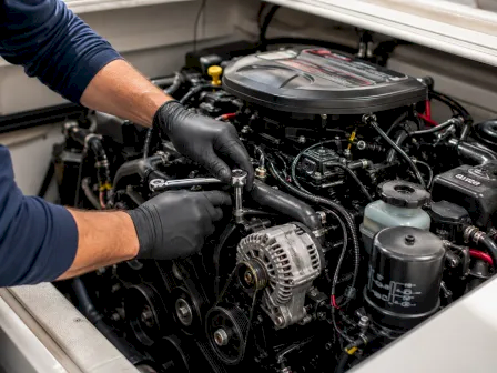 A mechanic in gloves checks and adjusts components in a car&rsquo;s open engine bay under the hood.