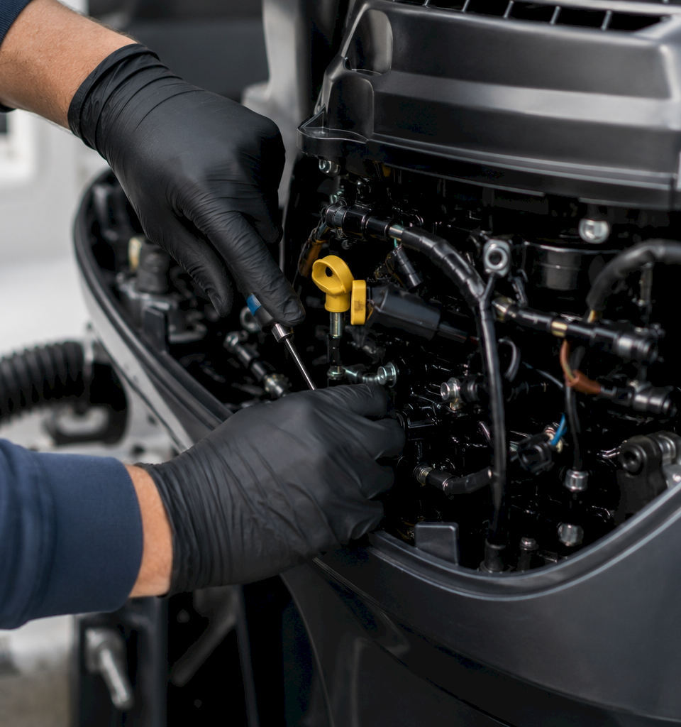 Gloved mechanic&rsquo;s hands working inside an outboard engine bay, adjusting hoses and wiring.