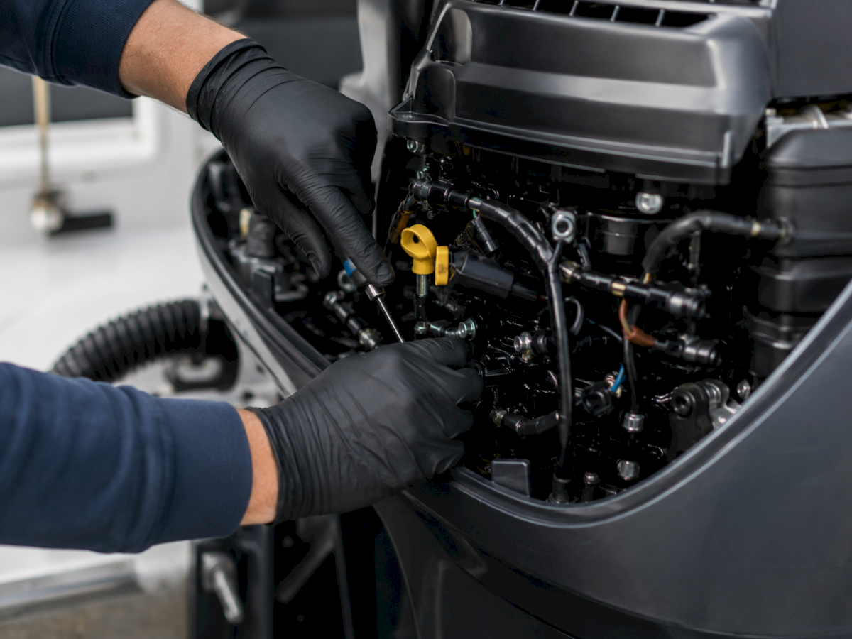 A mechanic&rsquo;s gloved hands adjust a car engine&rsquo;s components in the open engine bay, wearing protective gloves.