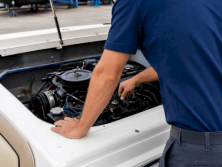 A mechanic in blue shirt is working under an open car hood, inspecting or repairing the engine.