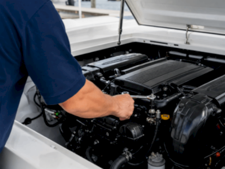 A mechanic&rsquo;s hands work inside an open car engine bay, inspecting engine components under the hood.