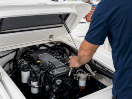 A mechanic in a workshop checks a boat&rsquo;s engine, lifting a tool inside the open engine compartment.