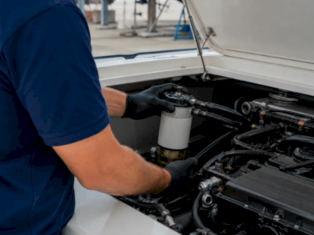 A mechanic in gloves works on a vehicle&rsquo;s engine bay, inspecting and servicing components.