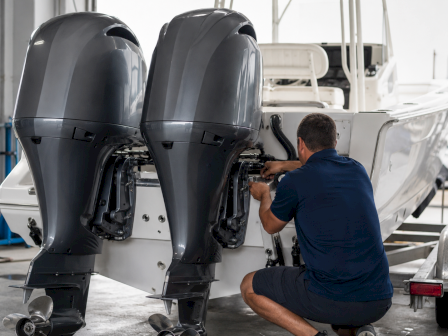 A mechanic kneels in a workshop, working on a boat&rsquo;s twin outboard engines with tools beside him.
