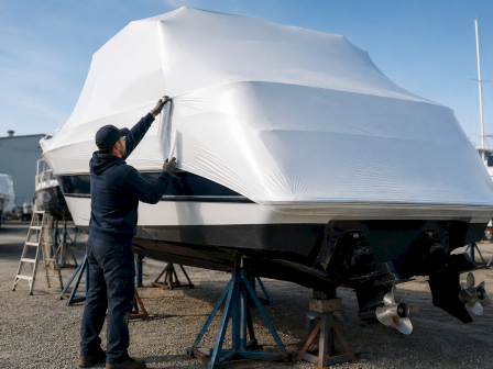 A worker tightens a white cover on a sailboat in a marina, preparing it for travel under a clear sky.